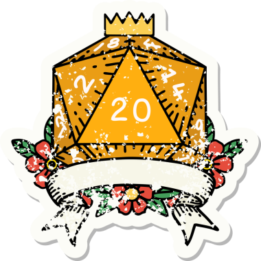 Bir insan tarafından çekilen 20 kritik vuruşluk D20 zar atımının grunge çıkartması.