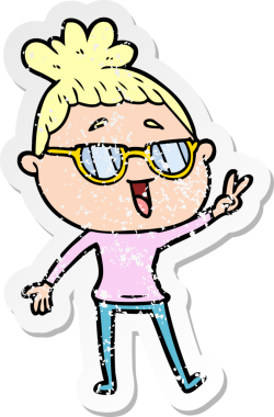 Bir insan tarafından çizilmiş gözlük takan mutlu bir kadının sıkıntılı çıkartması.