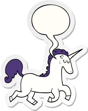 Bir insan tarafından çizilmiş konuşma balonu çıkartmalı tek boynuzlu at çizgi filmi.