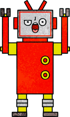 Bir insan tarafından çizilmiş kızgın bir robotun retro grunge desen karikatürü