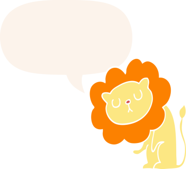 Bir insan tarafından çizilmiş konuşma baloncuğu olan sevimli çizgi film aslanı.