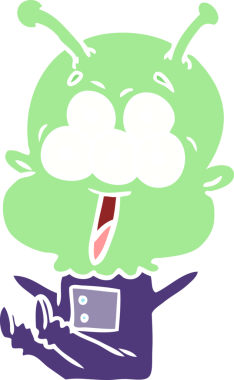 Bir insan tarafından çizilmiş mutlu düz renkli çizgi film uzaylısı.