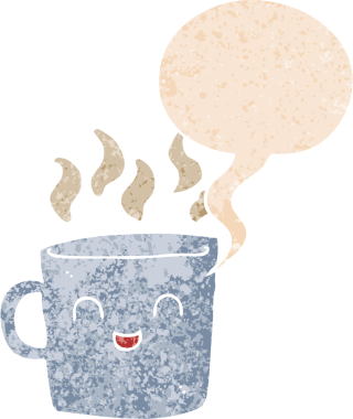 Hoş kahve fincanı karikatürü, konuşma baloncuğu, grunge dertli retro tarzı bir insan tarafından çizilmiş.