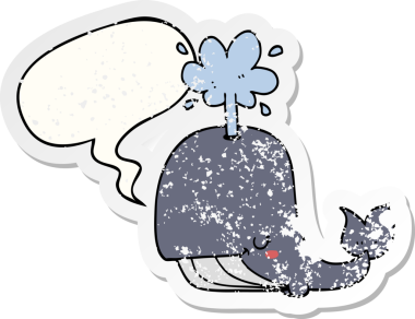 Konuşma baloncuğu olan karikatür balinası bir insan tarafından çizilmiş sıkıntılı eski bir çıkartma