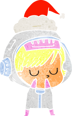 Bir insan tarafından çizilmiş Noel Baba şapkası giyen astronot bir kadının el çizimi karikatürü.