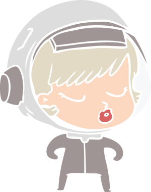 Düz renkli çizgi film. Bir insan tarafından çizilmiş güzel astronot kız.