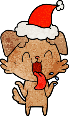 Bir insanın çizdiği Noel Baba şapkasını takan, nefes nefese kalmış, omuz silken bir köpeğin el çizimi karikatürü.