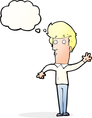 Bir insan tarafından çizilmiş düşünce baloncuğuyla el sallayan sinirli bir adam.