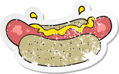 Bir insan tarafından çizilmiş sosisli bir çizgi filmin gerilimli çıkartması.