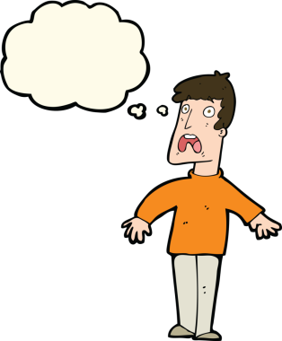 Bir insan tarafından çizilmiş düşünce baloncuğuyla dehşete düşmüş bir adam.