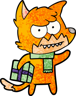 Bir insan tarafından çizilmiş Noel hediyesi ile sırıtan tilki çizgi filmi