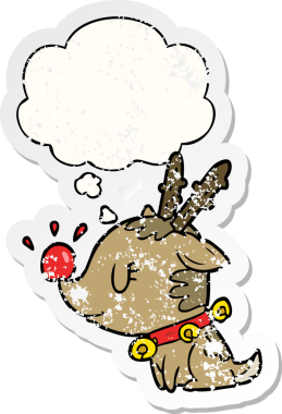 Düşünce baloncuğu olan karikatür Noel geyiği insan tarafından çizilmiş yıpranmış bir çıkartma.