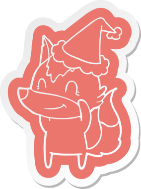 Bir insan tarafından çizilmiş Noel Baba şapkası takan bir kurdun dostça bir çizgi film çıkartması.