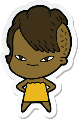 Hipster saç kesimi bir insan tarafından çizilmiş şirin bir çizgi film kızına ait etiket.