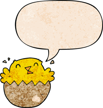 Karikatür kuluçkaya yatmış, konuşma baloncuğu olan bir insan tarafından çizilmiş eski moda bir piliç.