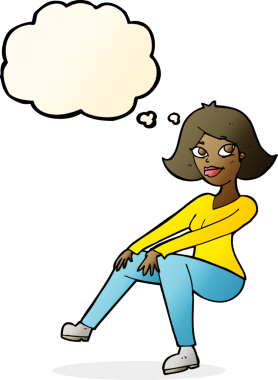 Bir insan tarafından çizilmiş düşünce baloncuğuyla oturan mutlu bir kadın.