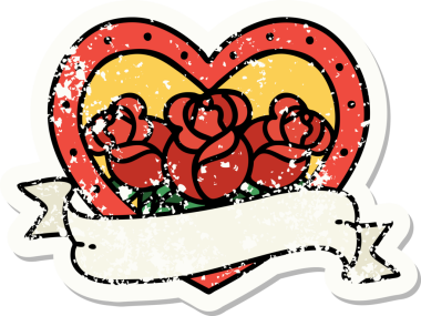 Geleneksel bir kalp stili ve insan tarafından çizilmiş çiçekli pankart dövmesi.