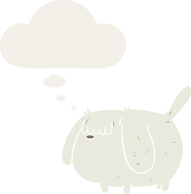 Düşünce baloncuğu olan komik çizgi film köpeği insan tarafından çizilmiş.