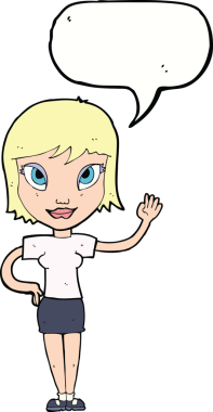 Bir insan tarafından çizilmiş bir konuşma balonuyla el sallayan çizgi film kadını.