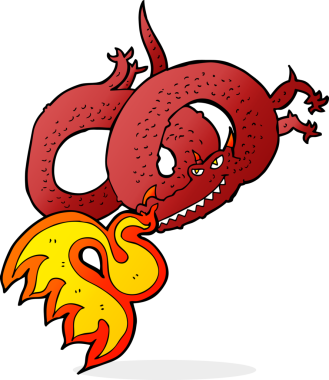 Bir insan tarafından çizilmiş ateş püskürten çizgi film ejderhası.