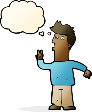 Bir insan tarafından çizilmiş düşünce baloncuğuyla el işareti yapan çizgi film adamı.