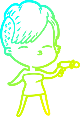 Bir çizgi film karakteri, gözlerini kısarak bir insan tarafından çekilen ışın tabancasını gösteriyor.