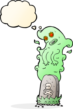 Bir insan tarafından çizilmiş düşünce baloncuğuyla mezardan yükselen karikatür hayaleti