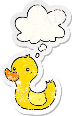 Düşünce baloncuğu olan çizgi film ördeği insan tarafından çizilmiş yıpranmış bir çıkartma.