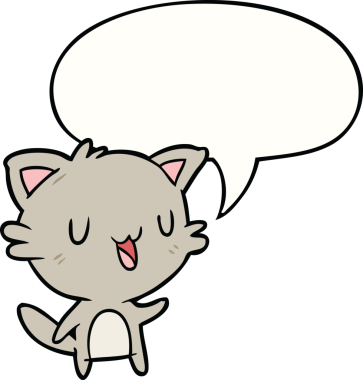 Bir insan tarafından çizilmiş konuşma balonlu mutlu kedi çizgi filmi.