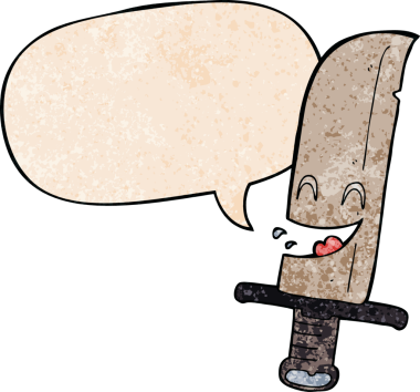 Bir insan tarafından çizilmiş geçmişe dönük konuşma baloncuklu gülen bıçak.