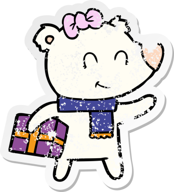 Bir insan tarafından çizilmiş Noel hediyeli dişi kutup ayısının kederli çıkartması.