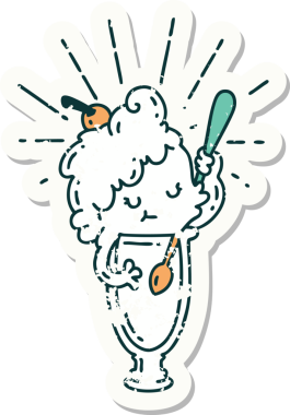 Bir insan tarafından çizilmiş dövmeli dondurma karakterinin eski bir çıkartması.