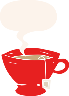 Bir insan tarafından çizilmiş eski moda konuşma baloncuklu bir çay fincanı.