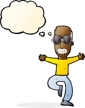 Düşünce baloncuğu çizilmiş büyük gözlükler takan yaşlı bir adam.