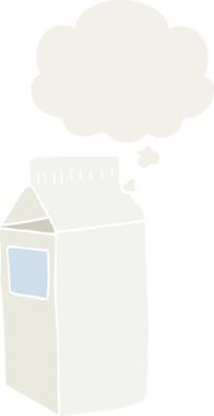 Düşünce baloncuğu olan karton süt kutusu insan tarafından çizilmiş.