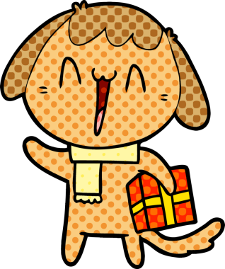 Bir insan tarafından çizilmiş Noel hediyesi olan sevimli bir çizgi film köpeği.