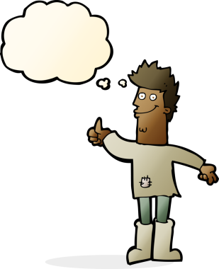 Bir insan tarafından çizilmiş düşünce baloncuğu olan paçavralar içinde pozitif düşünceli bir adam.