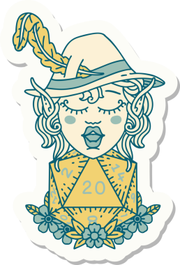 Bir insan tarafından çizilmiş 20 zarlı elf şair karakterinin çıkartması.