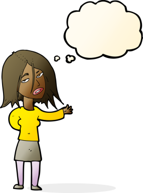 Bir insan tarafından çizilmiş düşünce kabarcığı olan mutsuz bir kadın çizgi filmi.