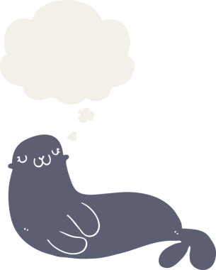 Düşünce baloncuğu olan sevimli karikatür fokları insan tarafından çizilmiş.