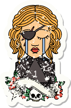 Bir insan tarafından çizilmiş doğal bir d20 rulo ile ağlayan bir insan haylaz etiketi.