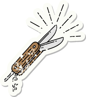 Bir insanın çizdiği eski dövme stili katlama bıçağının eski bir çıkartması.