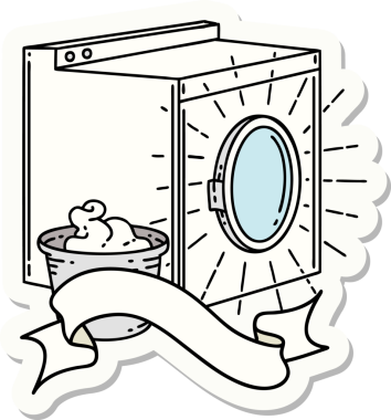 Bir insan tarafından çizilmiş dövme stili çamaşır makinesi çıkartması.