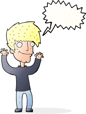 Bir insan tarafından çizilmiş konuşma baloncuğuyla kollarını sallayan çizgi film adamı.