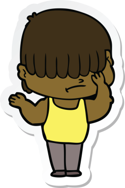 Bir insan tarafından çizilmiş dağınık saçlı çizgi film çocuğunun çıkartması.