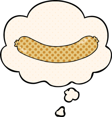 Bir insan tarafından çizilmiş, düşünce baloncuklu çizgi film sosisi.
