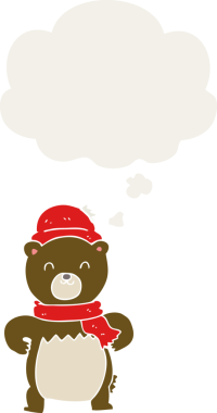 Bir insan tarafından çizilmiş düşünce baloncuğu olan sevimli çizgi film ayısı.