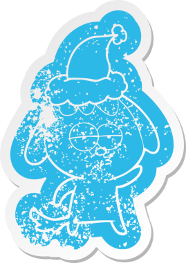 Bir insan tarafından çizilmiş Noel Baba şapkası takan canı sıkkın bir köpeğin garip karikatürü.