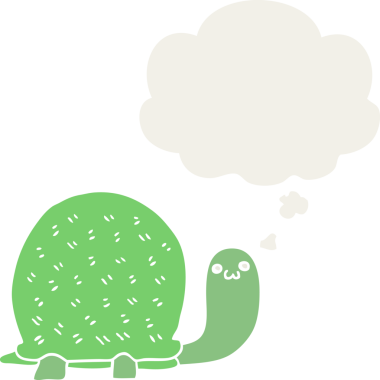 Düşünce baloncuğu olan sevimli çizgi film kaplumbağası insan tarafından çizilmiş.