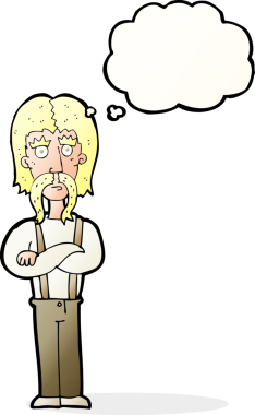 Bir insan tarafından çizilmiş düşünce balonlu kolları katlanmış uzun bıyıklı çizgi film adamı.